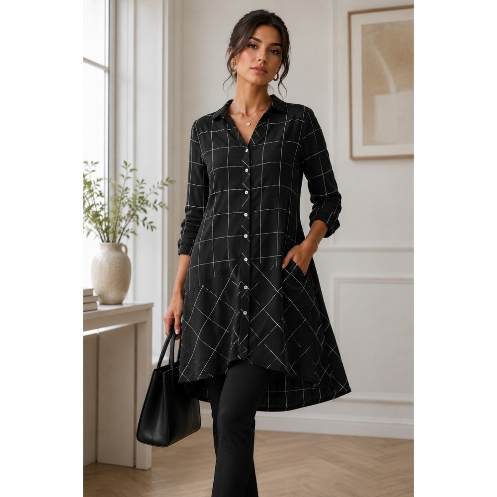 Foxcroft Tunic Women 4‎ Black Windowpane Plaid High Low Button Down Shirt